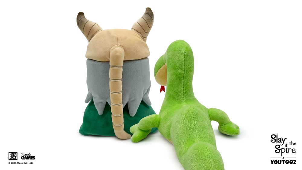 A picture of 2 plushies sitting next to each other from behind, which look suspiciously like the Silent and Snecko from Slay the Spire.