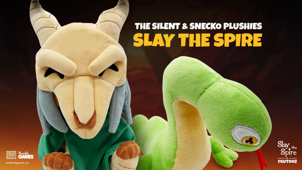 Plushies of the Silent and Snecko from Slay the Spire, the former of which has the classic YouTooz eyes on her skull mask.