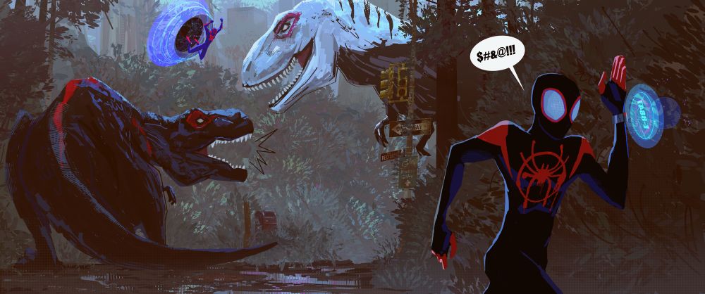 Miles being chased by Miguel through an alternate universe filled with Dino versions of our characters.