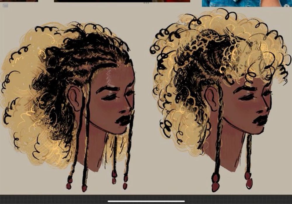 Artwork of a Black person with 2 different styles of blond ombré hair
