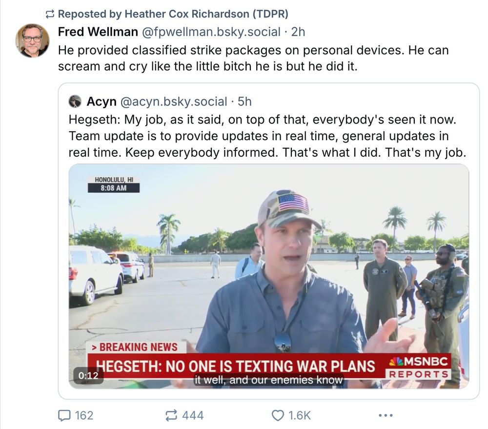 Fred Wellman writes Hegseth "can scream and cry like the little bitch he is..."