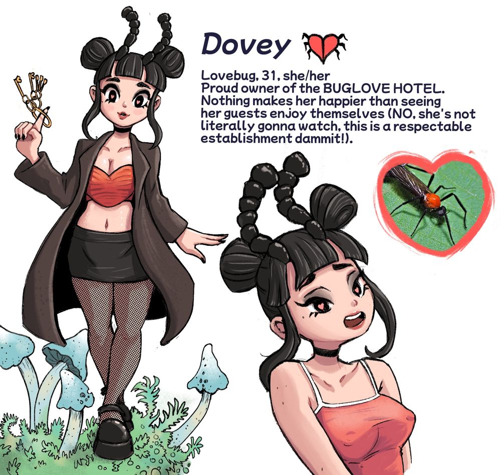 Illustration of girl that has a character design based on lovebugs, her name is Dovey, she is the owner of a lovehotel for bugs!
Original character by buglovehotel.