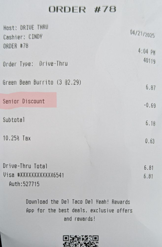 Del Taco receipt, with senior discount.
