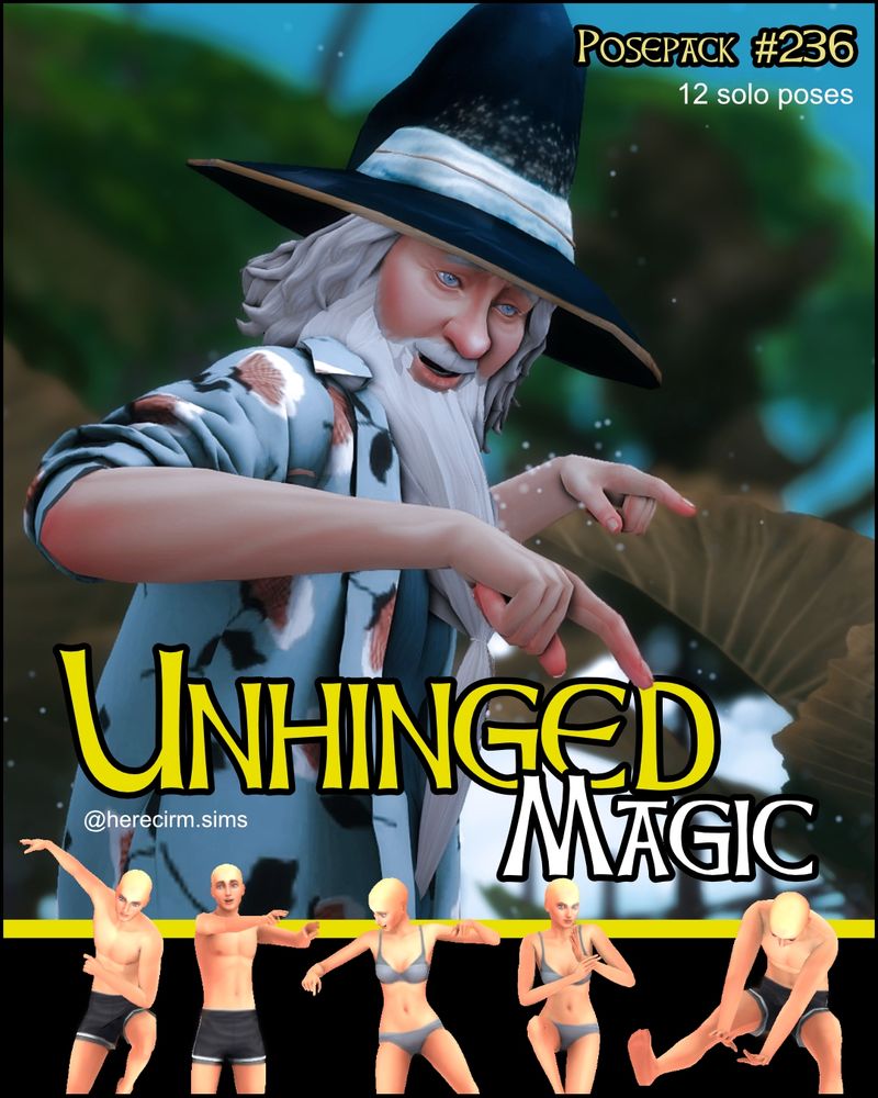 A cover for a Sims 4 posepack calld Unhinged Magic