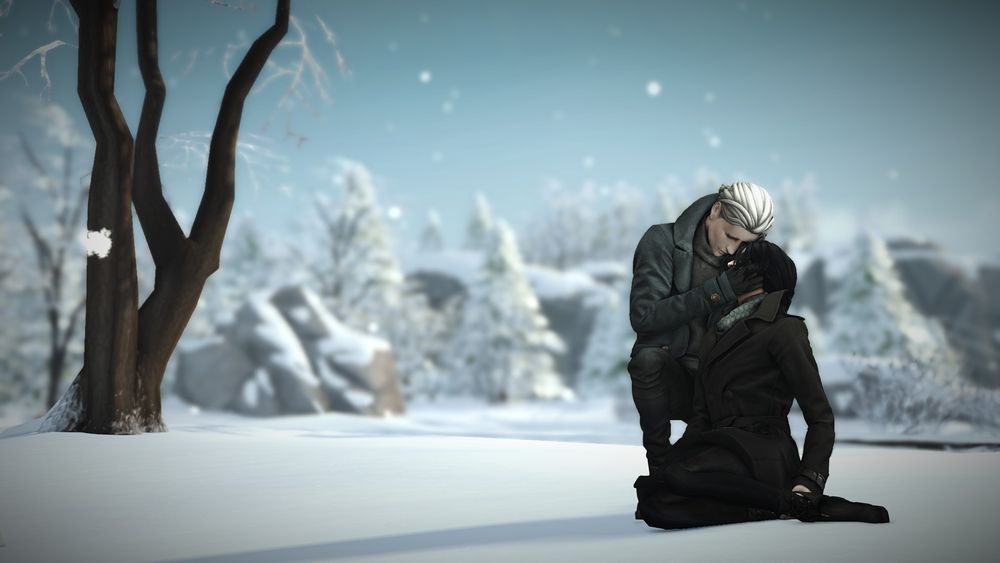 A Sims 4 screenshot of a kneeling Sim in the snow, clutching a fallen Sim to him.