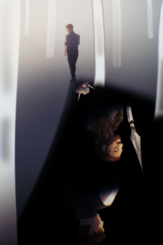 artwork depicting Rand walking through the glass columns, the past they're showing depicted in his shadow