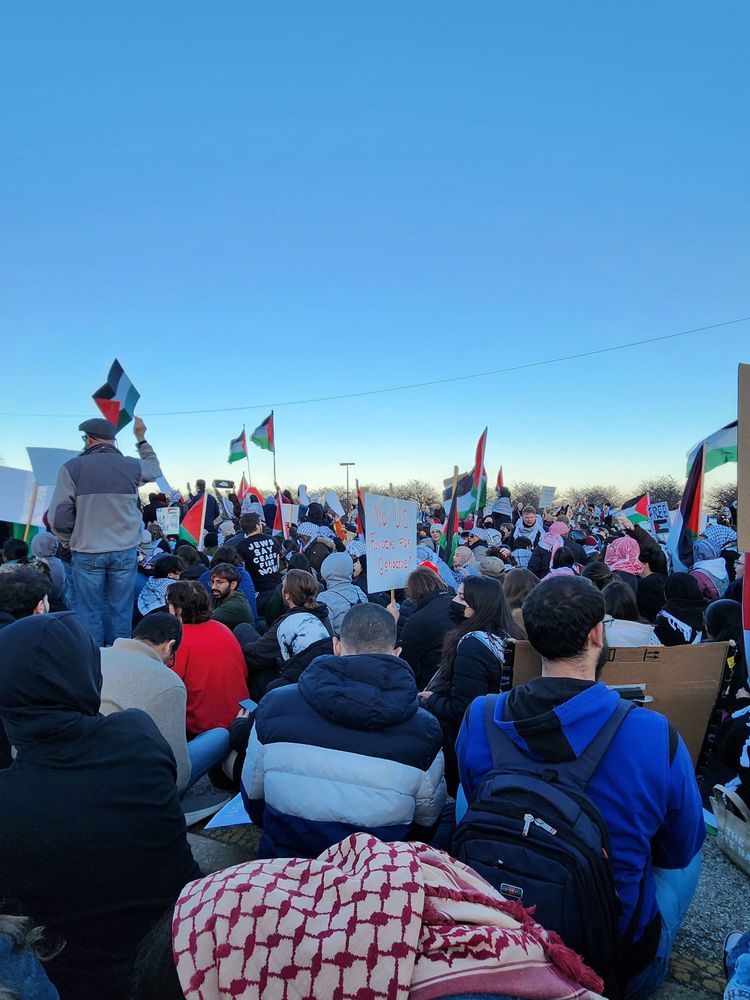 Crowd of people with Palestinian flags sitting on lake shore drive as the sun is setting