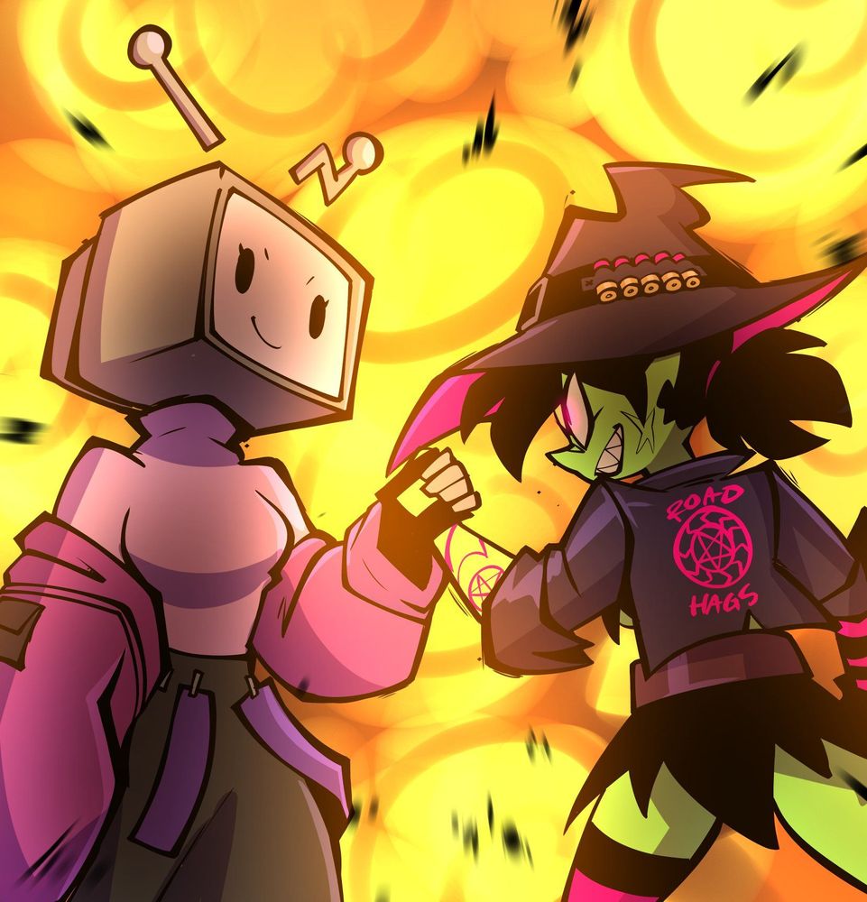 Screenbits mascot and Vicky shaking hands epically. There is an explosion in the background. It is epic.