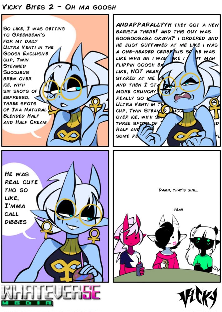 Oh, Eliza and her ultra venti in the goosh exclusive cup, twin steamed succubus brew, over ice, with 6 shots of espresso, and three spots of Ika natural blended half and half cream!