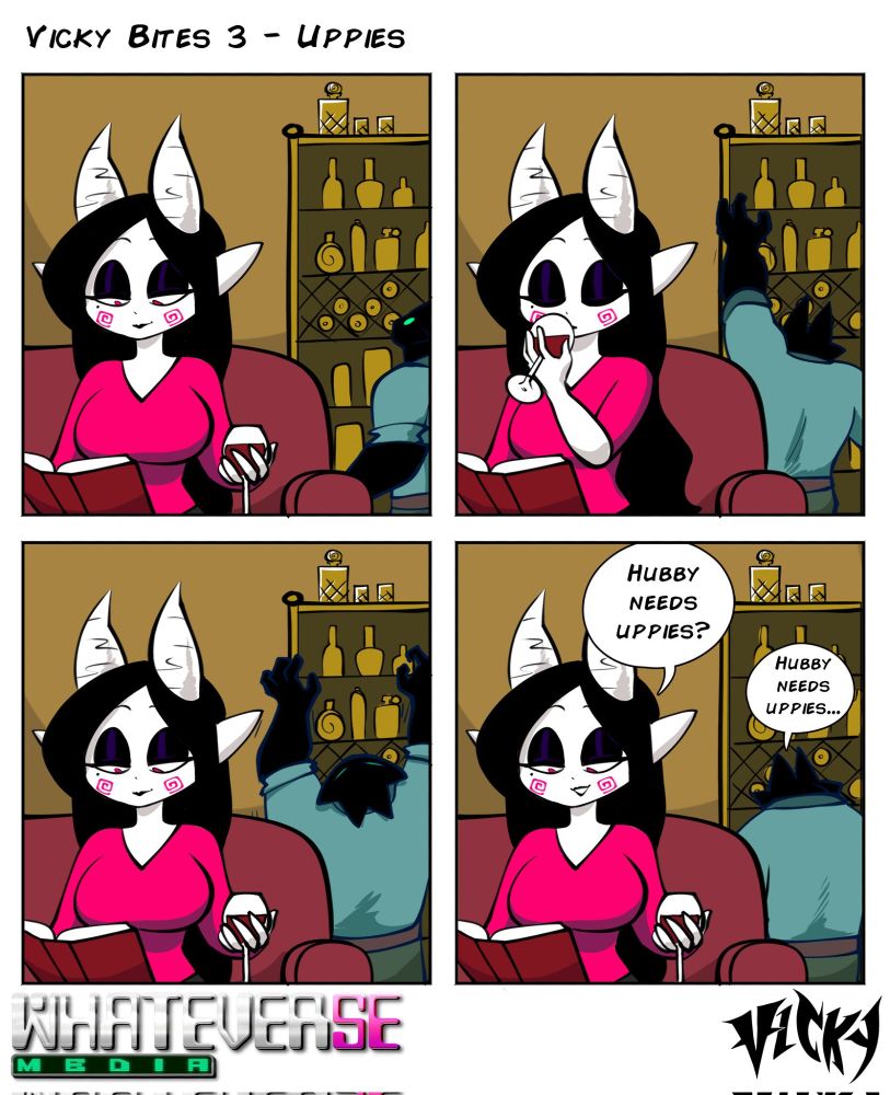 Amanda sits, sipping on her wine glass and reading a book, while her husband, Nikolai, (much shorter than she) attempts to reach a bottle on a top shelf in the background several times. Without looking, Amanda say's on the last panel, "Hubby needs uppies?" To which Nikolai responds, "Hubby needs uppies..." looking dejected.