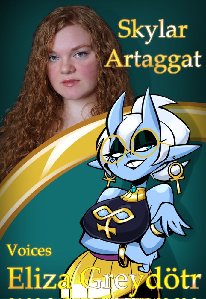 Eliza depicted beside her beloved voice giver, Skylar. She makes those speedy monologs look like a walk in the park, truly impressive.