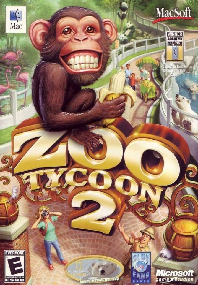 the cover of Zoo Tycoon 2 Mac edition, features an illustration of a zoo with a large grinning monkey on the zoo sign. 