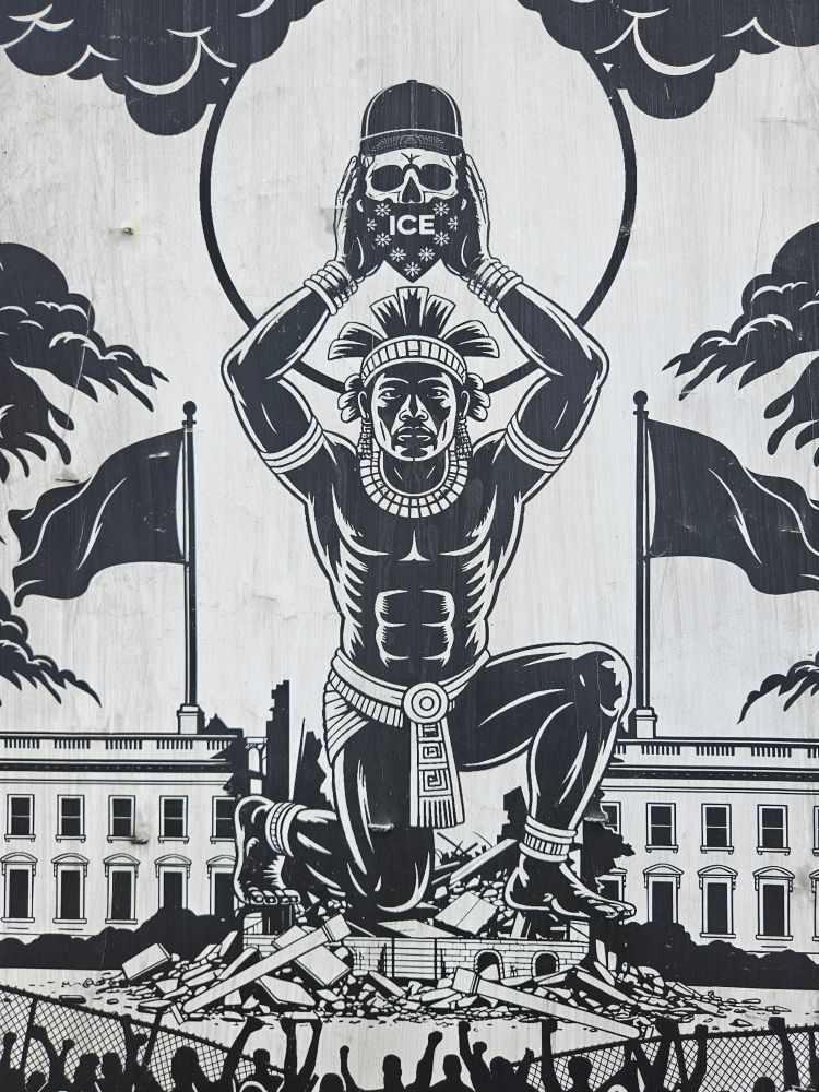 Illustration of an Aztec warrior raising the severed skull of an ICE agent above the ruins of the White House