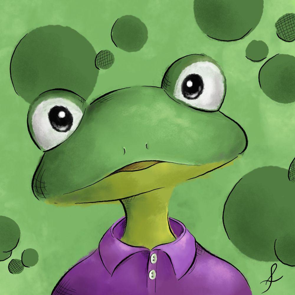 Illustration of a green frog in a purple polo shirt, looking straight at you with fascination and curiosity.