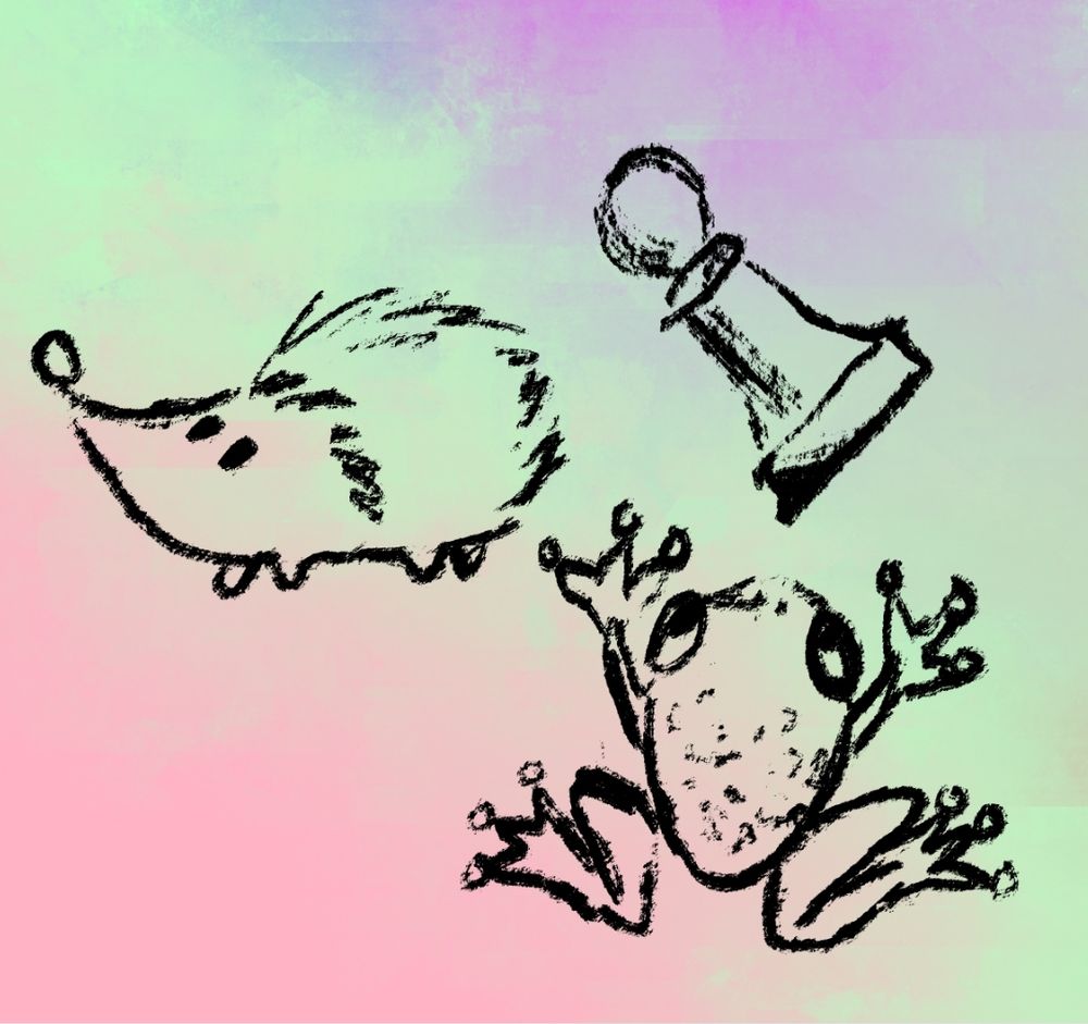 Doodles of a frog, a hedgehog and a chess pawn on a gradient purple, peach and aqua background. 