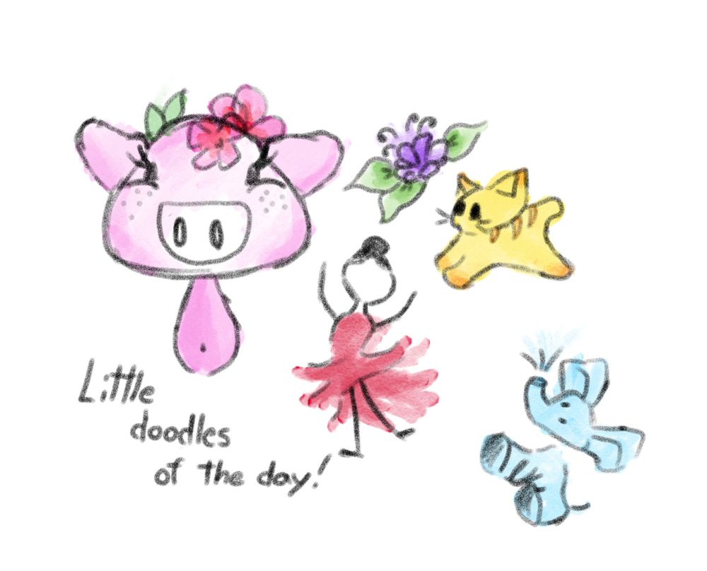 Colored doodles of a pig with flowers on the head, a red-dressed dancer with a bun, a purple flower, a yellow cat, and a blue elephant sitting and happily splashing water in the air.
