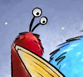 Part of an illustration showing a fluffy red alien-looking bug reading a book.