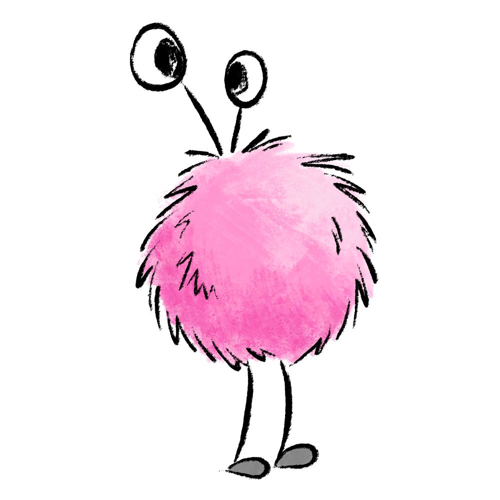 Drawing of a pink ball of fluffy fur on 2 legs and with 2 long antennas with eyes on top.