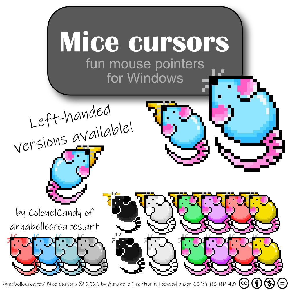 Presentation poster of Windows mice mouse cursors. One large blue one can be seen top right, it features a pink tail and cute whiskers, and a variant with a piece of cheese in its mouth right next to it. Beside is a left-handed example, and below a list of all the colors available including black, white, yellow, green and more!