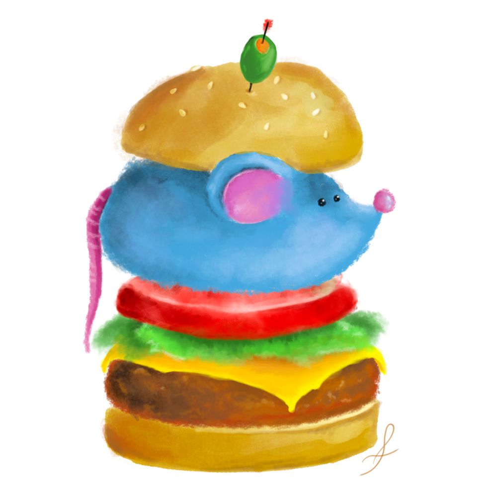 Coloful hamburger drawing with a whole and alive blue mouse inside.