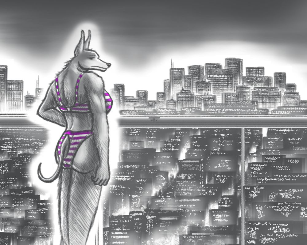 Dobermom, gazing at you solemnly, lonely as she stands before a sprawling sleepless city in the wee hours of the morning.