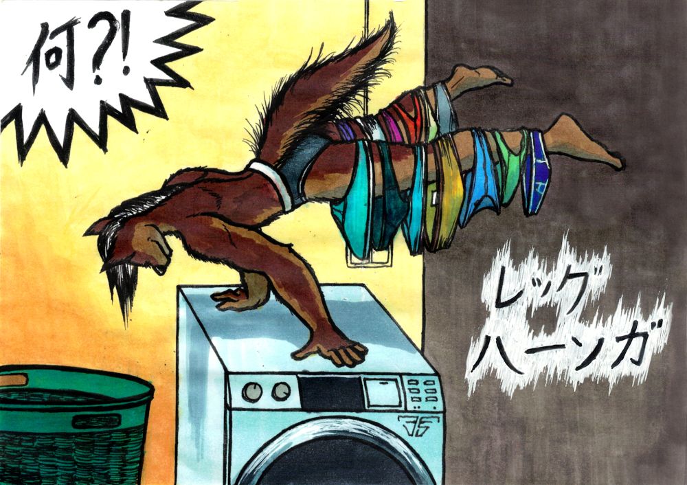 A brown wolf in his underwear does a full planche on a washing machine, with many other undergarments hanging from his legs to t
