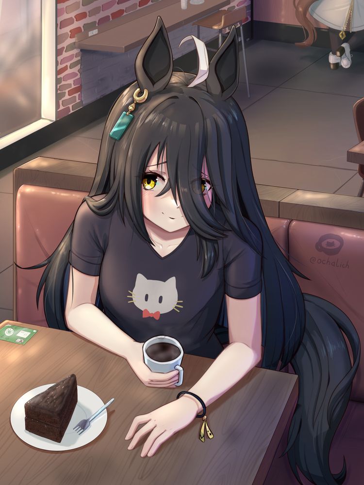 Umamusume Manhattan Cafe at a cafe with coffee and chocolate cake