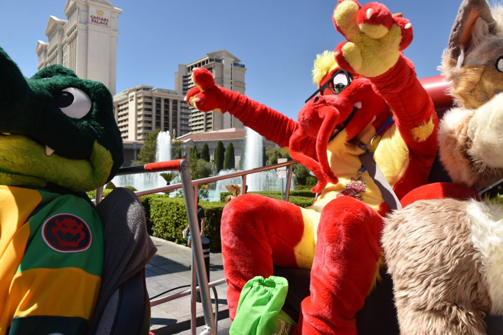 Ronnie, Croc and Q8 riding on the CartZilla alongside the Caesar's Palace on the Las Vegas Strip