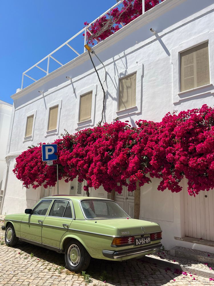 A vintage green Mercedes parked outside a White House with bright red flowers growing above the front door.
