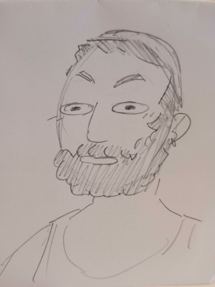 A quick doodle of me, bearded and wearing a kippah, looking somewhat shellshocked with a small blush.