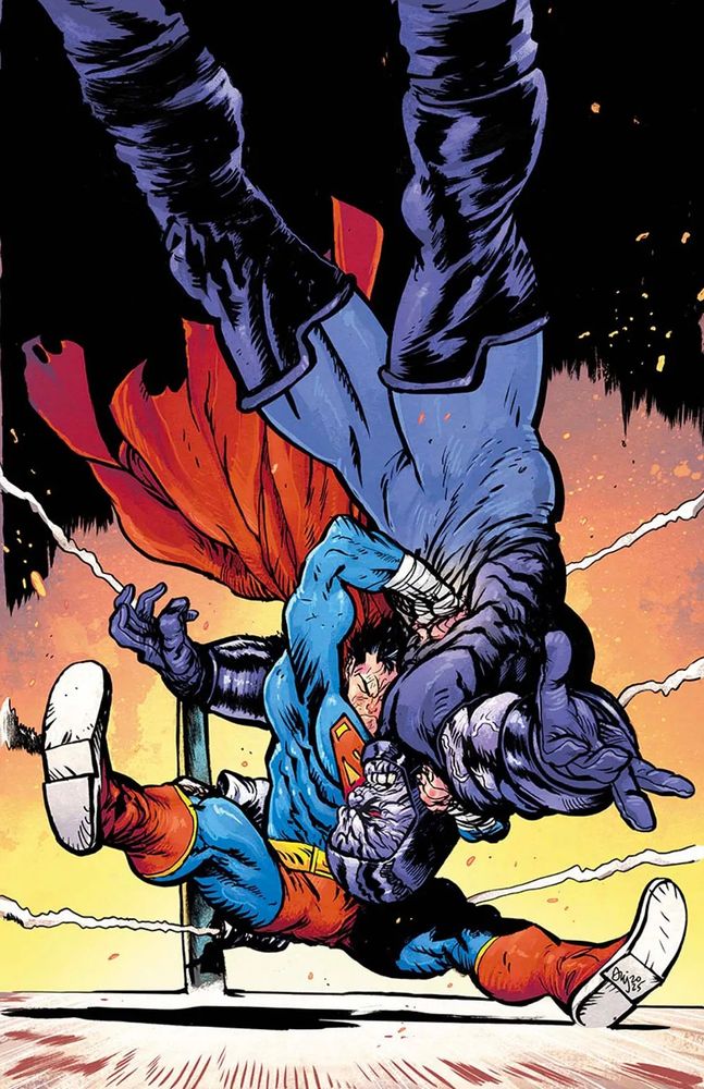 Daniel Warren Johnson cover to DC K.O. featuring Superman powerbombing Darkseid