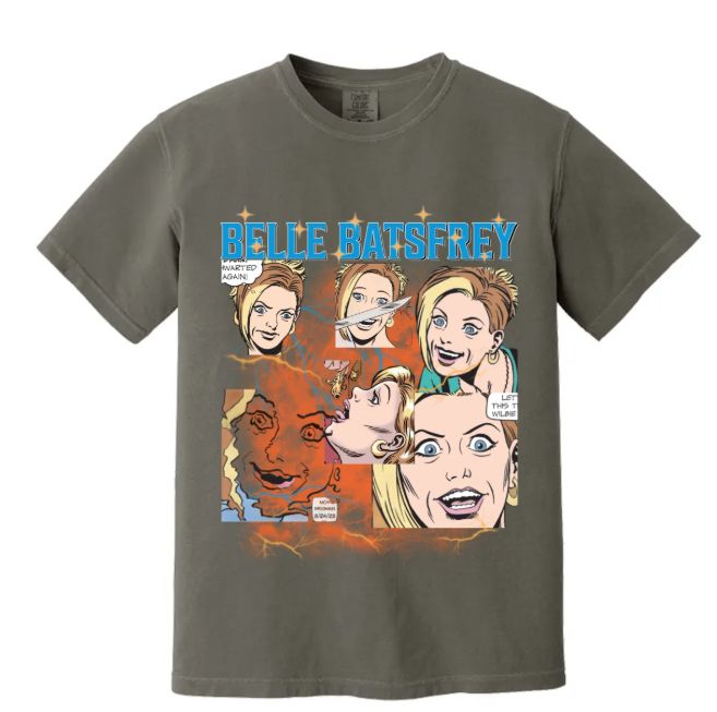 A t-shirt with several of Belle Batsfrey’s most insane faces. From MARY WORTH drawn by June Bridgman