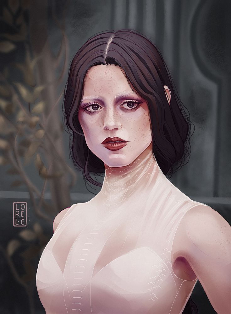 Digital art fanart illustration of Jenna Ortega at the Wednesday Netflix show premiere in London