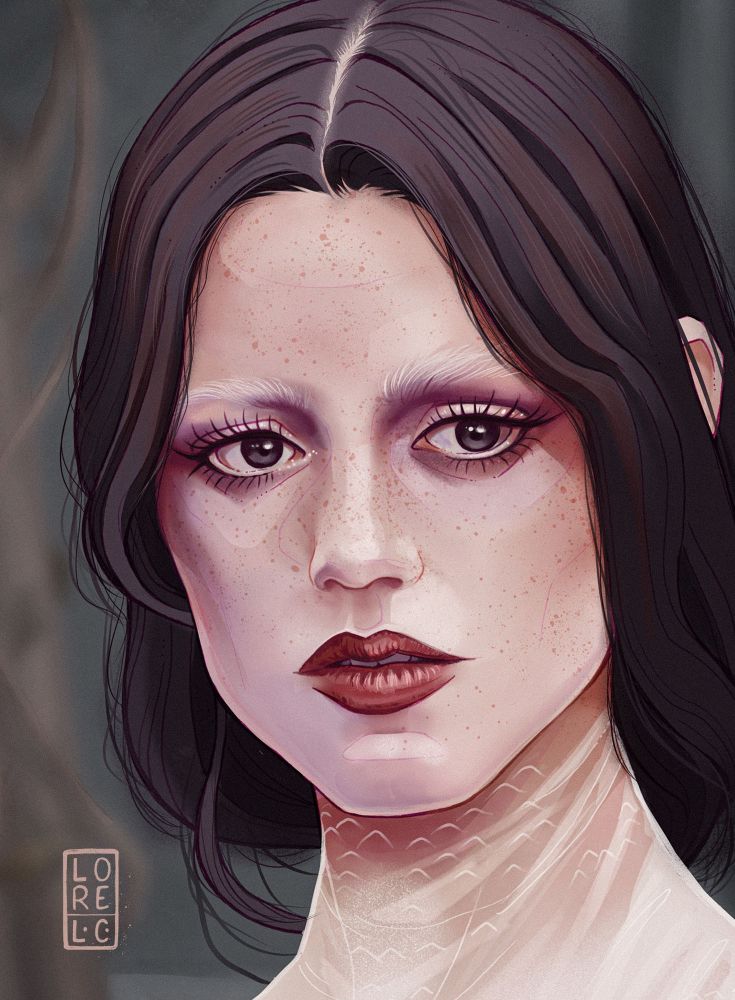 Digital art fanart illustration close up of Jenna Ortega at the Wednesday Netflix show premiere in London