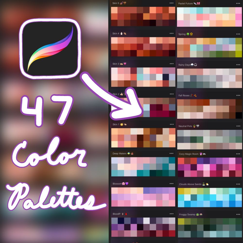 Image with a screenshot of procreate color palettes and text that says 47 color palettes!