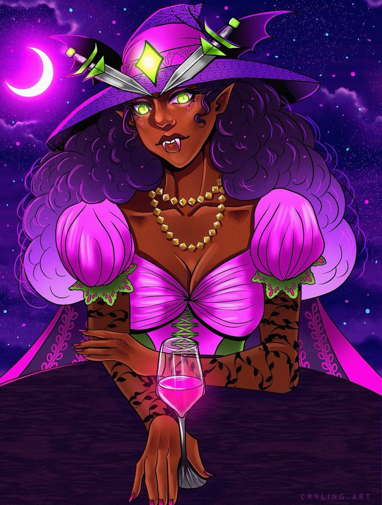 Drawing of a witch vampire sitting at a table with a glowing wine cup