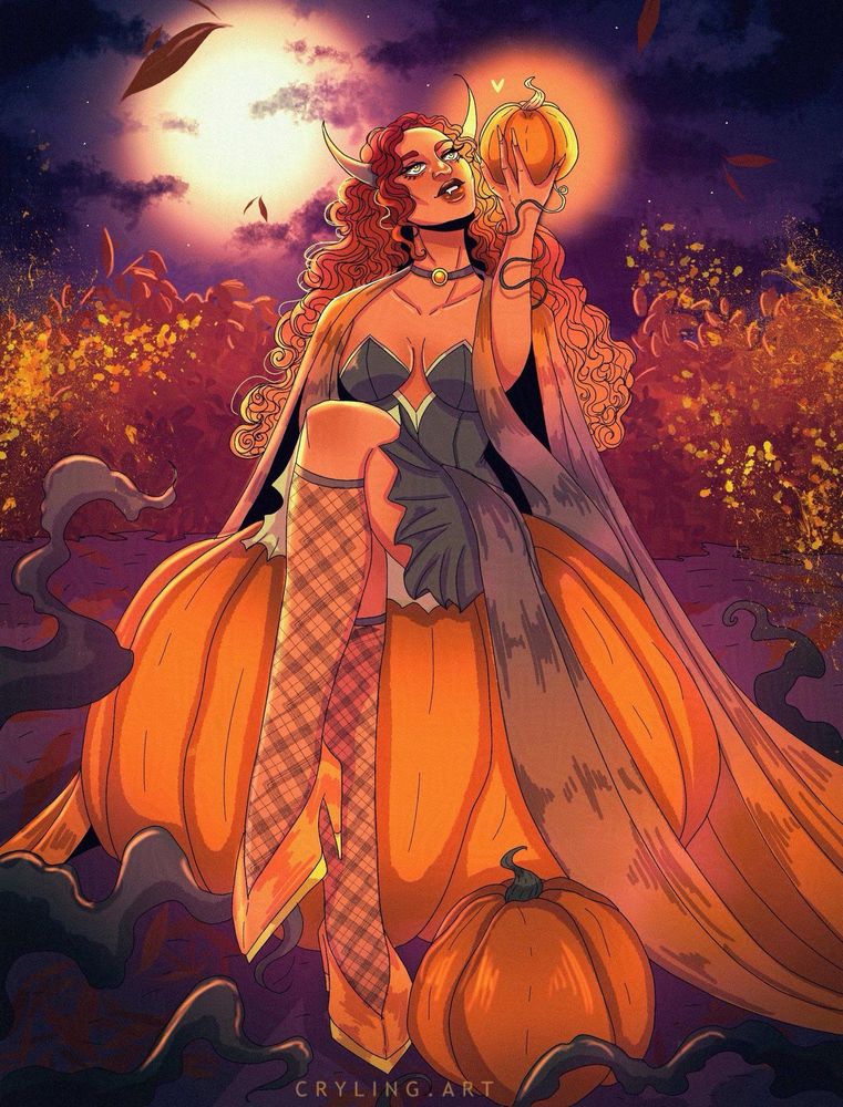 Pumpkin demon lady sitting on a larger pumpkin holding a small glowing pumpkin.