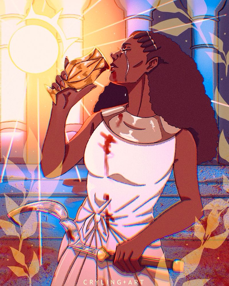 Drawing of Drolta from Castlevania Nocturne. She is wearing white garbs in a temple drinking blood out of a golden cup. She is crying while doing so 