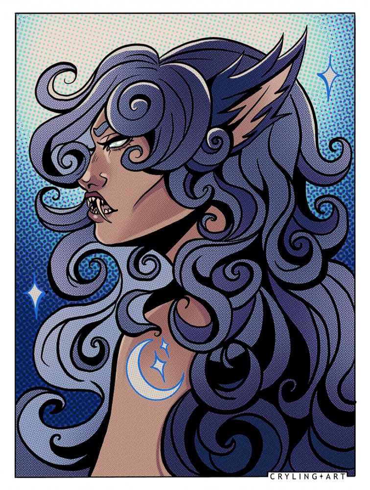Drawing of a werewolf woman from side view. She has long hair that is curly with sharp teeth and a moon tattoo. This is a coloring page I made and I colored it on 