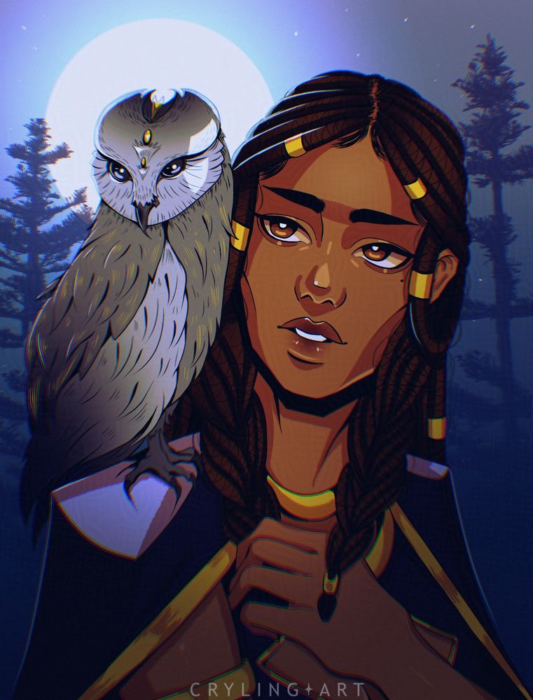 A digital drawing of my oc Raia from when she was a few years younger with her summoning owl Irah
