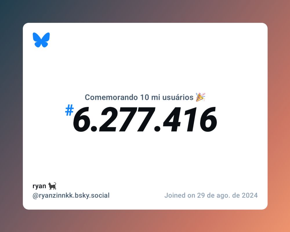 Um certificado virtual com o texto "Comemorando 10 milhões de usuários no Bluesky, #6.277.416, ryan 🐈‍⬛ ‪@ryanzinnkk.bsky.social‬, ingressou em 29 de ago. de 2024"