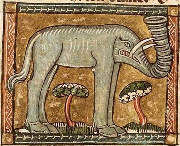 Ostensibly, an elephant, from an illuminated manuscript. Whatever you think an elephant looks like, this creature is the opposite. The legs are twice as tall as they should be, the tail would be more at home on a horse, the creature lacks both ears and a neck entirely, the trunk is drawn like a dryer vent hose, and -- best (???) of all -- the hooves are uncannily similar to "shoes worn by a children's book character, as drawn by Tomie dePaola, minus the laces." In the background, two plants that I presume are trees but look more like renditions of mushrooms, as drawn by someone who has consumed a good quantity of said mushrooms.