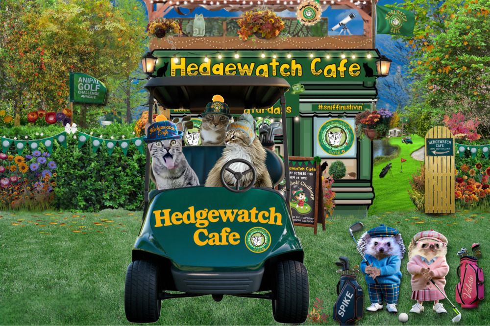 Jules in and Angel🌈Mooch sitting in front seats of Hedgewatch Cafe golf cart, with Mooch driving on the right. Earl sits behind them with the golf bags and peeking between them. They are parked next to Spike (in blue golf clothes and with personalized black golf bag) and Valerie (pink outfit and pink golf bag) in front of the Hedgewatch Cafe. An open gate to the right leads to the golf course.

Left to right: 

Jules shorthaired Torbie kitty girl in blue felt hat with gold pom pom.

Earl grey shorthaired tabby kitty boy wearing a green stocking cap with gold pom pom.

Mooch grey longhaired tabby kitty girl in grey knit cap. 

All headwear emblazoned with Hedgewatch Cafe.
