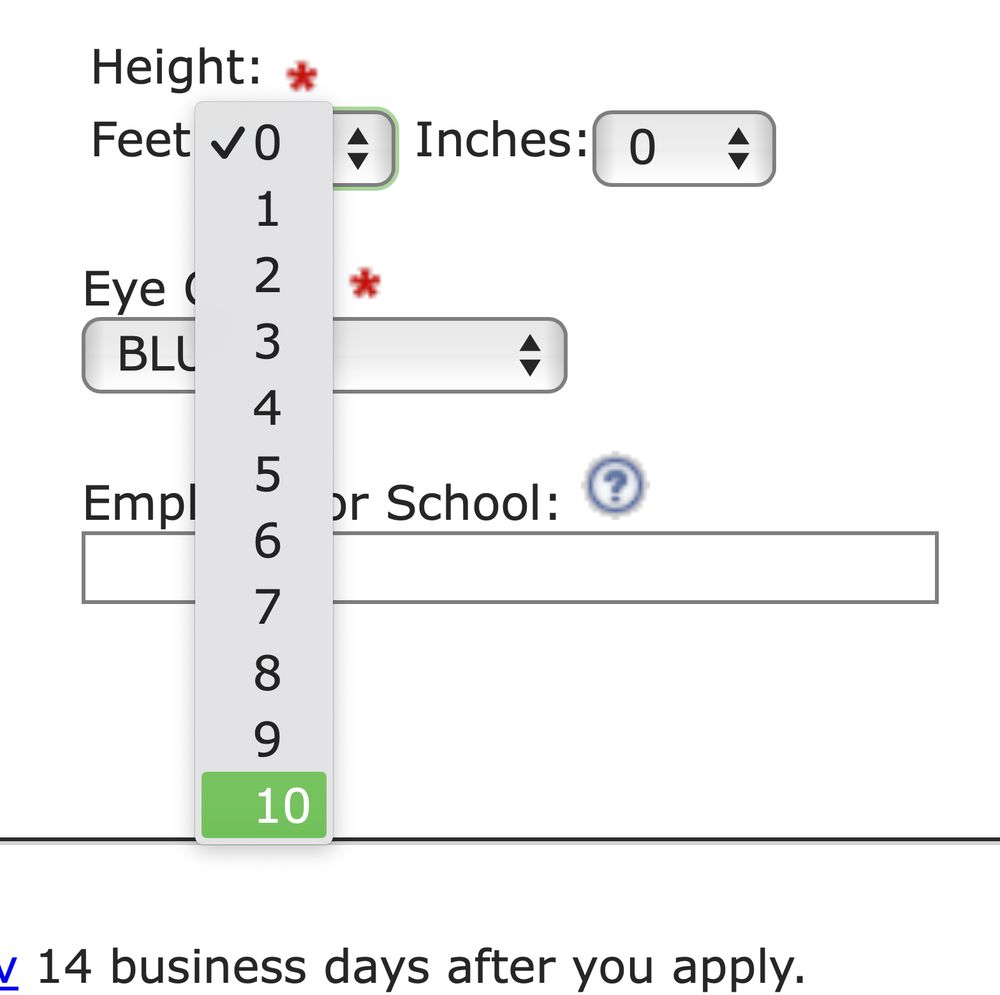 Dropdown menu for a US passport application that allows people to claim they are ten feet tall.