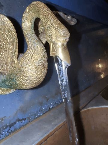 Brass swam sink tap that looks like it's throwing up water.