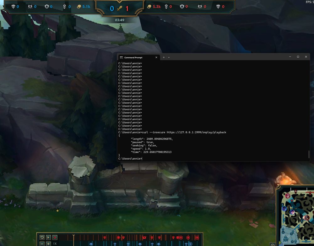 screenshot of a league fo legends replay. on top of it, theres a command line, where ive run a curl to get the current playback time of the replay