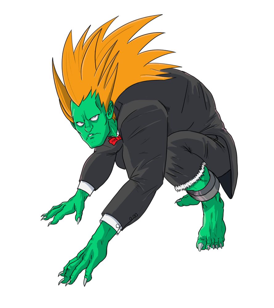 Blanka from street fighter 2 in a tuxedo 

