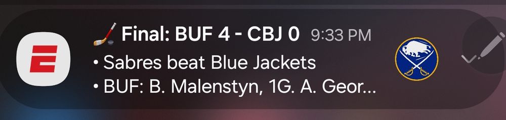 NHL headline saying the Buffalo Sabres defeated the Columbus Blue Jackets. The joke being this is just the 1st pre-season game and it means pretty much nothing. But screw that! I beleive! Go Sabres!