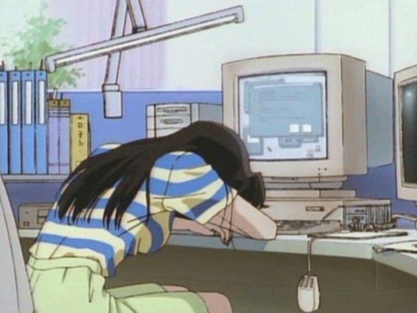 Girl sleeping with their head down at the computer. Source last reported to be from the anime Golden Boy.