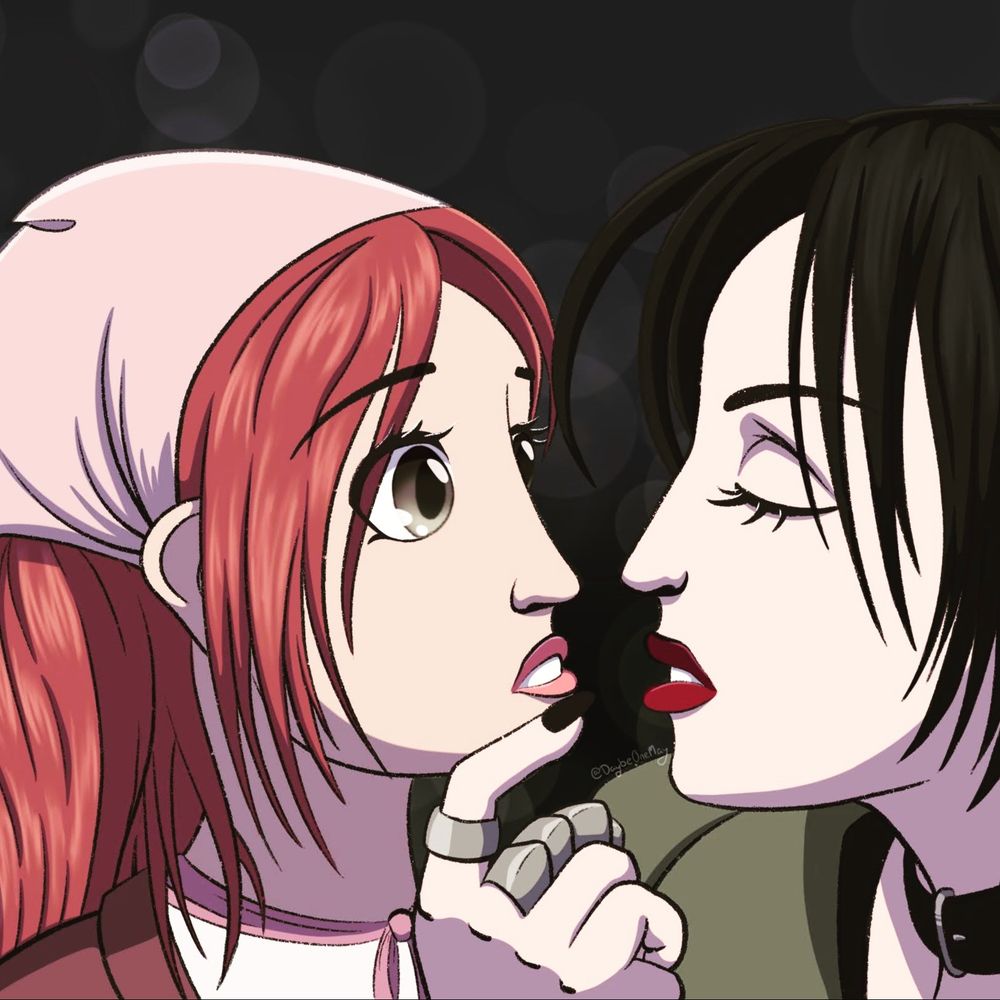 A digital redrawing of a scene from the NANA anime where Nana Osaki (right) is leaning in to kiss Nana Komatsu (left)